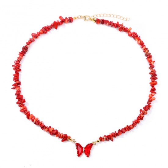 Imagen de Coral Insecto Collar de Cuentas Chapado en Oro Rojo Chip Beads Mariposa 45cm longitud, 1 Unidad