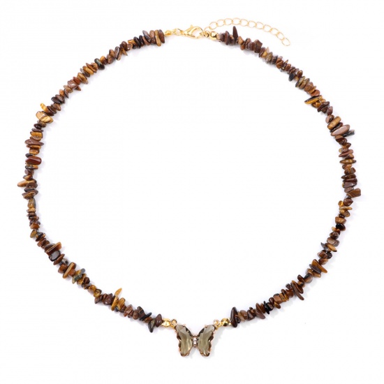 Imagen de Ojos del tigre Insecto Collar de Cuentas Chapado en Oro Marrón Chip Beads Mariposa 45cm longitud, 1 Unidad