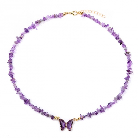 Imagen de Amatista Insecto Collar de Cuentas Chapado en Oro Púrpura Chip Beads Mariposa 45cm longitud, 1 Unidad