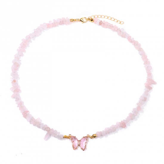 Picture of Rose Quartz Insect Beaded Necklace Gold Plated Pink Chip Beads Butterfly 45cm(17 6/8") long, 1 Piece