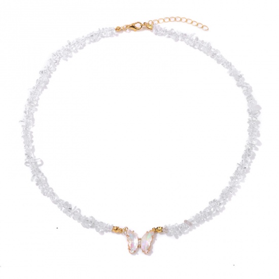 Imagen de Cuarzo Roca de Cristal Insecto Collar de Cuentas Chapado en Oro Transparente Chip Beads Mariposa 45cm longitud, 1 Unidad