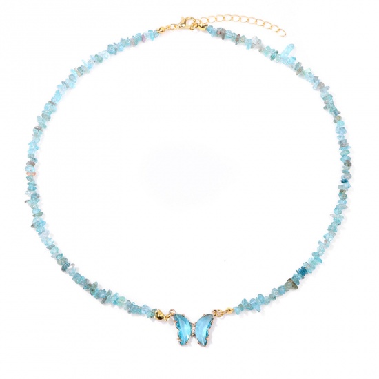 Imagen de Apatita Insecto Collar de Cuentas Chapado en Oro Azul Claro Chip Beads Mariposa 45cm longitud, 1 Unidad