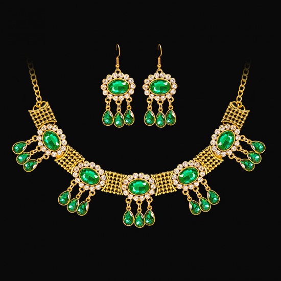 Bild von Königlicher Stil Schmuck Halskette Ohrringe Set Vergoldet Tropfen Quaste Grün Zirkonia Imitat Perle 40cm lang, 2cm x 1.2cm, 1 Set