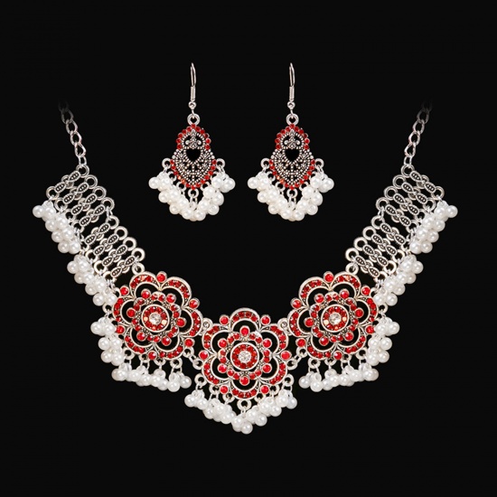 Bild von Königlicher Stil Schmuck Halskette Ohrringe Set Silberfarbe Blumen Quaste Rot Zirkonia Imitat Perle 44cm lang, 5cm x 3cm, 1 Set