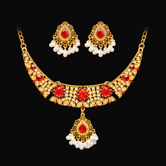 Bild von Königlicher Stil Schmuck Halskette Ohrringe Set Vergoldet Tropfen Quaste Rot Zirkonia Imitat Perle 39cm lang, 3.2cm x 3cm, 1 Set