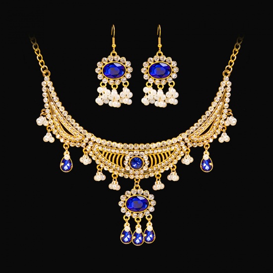 Bild von Königlicher Stil Schmuck Halskette Ohrringe Set Vergoldet Tropfen Quaste Knallblau Zirkonia Imitat Perle 39cm lang, 5.5cm x 2.8cm, 1 Set