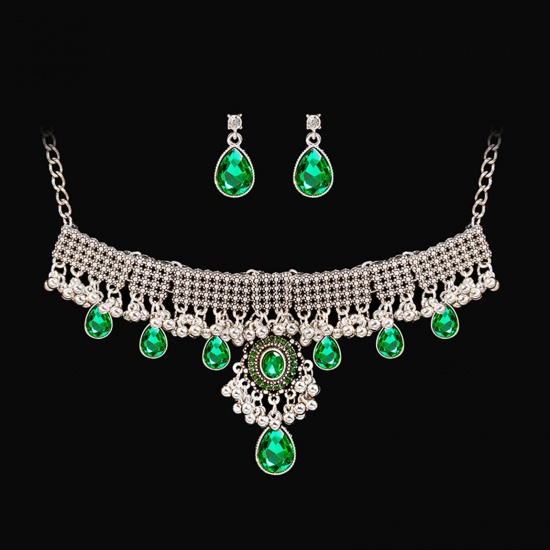 Bild von Königlicher Stil Schmuck Halskette Ohrringe Set Silberfarbe Tropfen Quaste Grün Zirkonia Imitat Perle 46cm lang, 5.8cm x 2.4cm, 1 Set