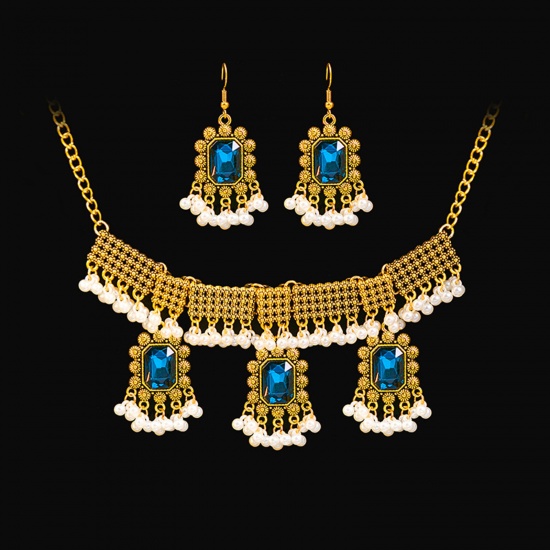 Bild von Königlicher Stil Schmuck Halskette Ohrringe Set Vergoldet Quadrat Quaste Blau Zirkonia Imitat Perle 40cm lang, 5.5cm x 3.5cm, 1 Set