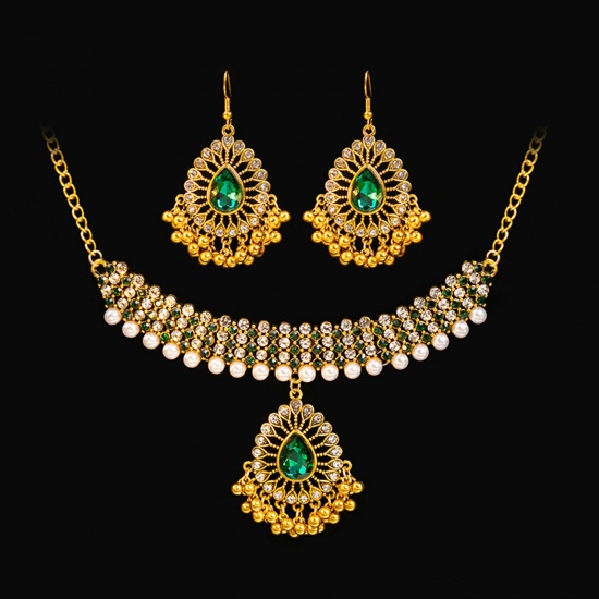 Bild von Königlicher Stil Schmuck Halskette Ohrringe Set Vergoldet Tropfen Quaste Grün Zirkonia Imitat Perle 40cm lang, 6cm x 4cm, 1 Set