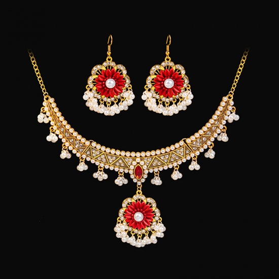 Bild von Königlicher Stil Schmuck Halskette Ohrringe Set Vergoldet Blumen Quaste Rot Zirkonia Imitat Perle 39cm lang, 5.8cm x 4.3cm, 1 Set