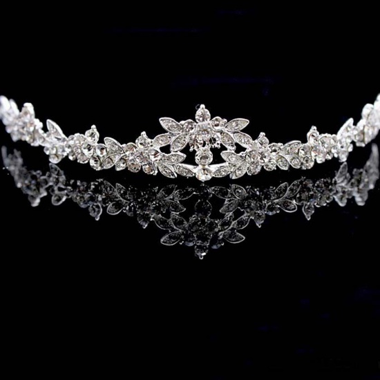 Immagine di Nozze Copricapo della Sposa Tono Argento Corona Le foglie del Fiore Trasparente Strass 12cm x 5cm , 1 Pz