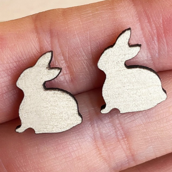 Picture of Wood Easter Day Ear Post Stud Earrings White Rabbit Animal 1.6cm, 1 Pair