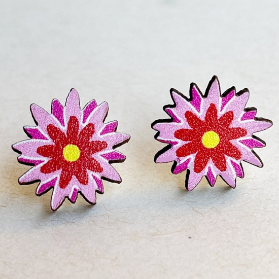 Picture of Wood Easter Day Ear Post Stud Earrings Multicolor Flower 1.6cm, 1 Pair
