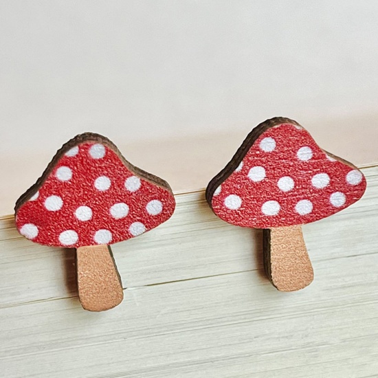Picture of Wood Easter Day Ear Post Stud Earrings Red Mushroom 1.6cm, 1 Pair