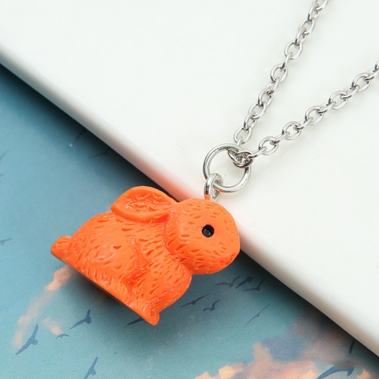 Imagen de Resina día de Pascua Collar con Colgante Tono de Plata Naranja Conejo Pintado 44cm longitud, 1 Unidad