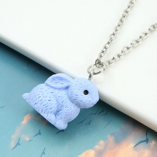 Imagen de Resina día de Pascua Collar con Colgante Tono de Plata Azul Conejo Pintado 44cm longitud, 1 Unidad