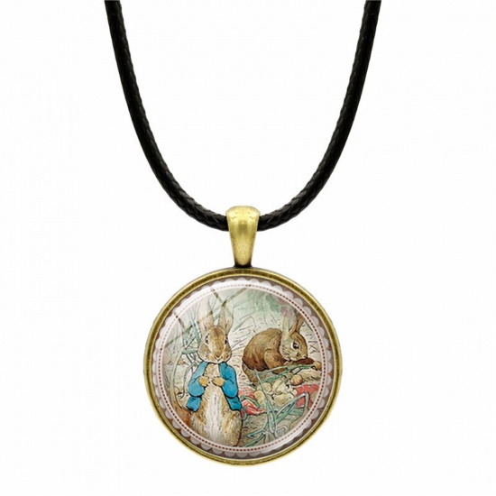 Изображение Стеклянные Пасха Ожерелье с подвеской Античная Бронза Круглые Кролик 43см длина, 1 ШТ