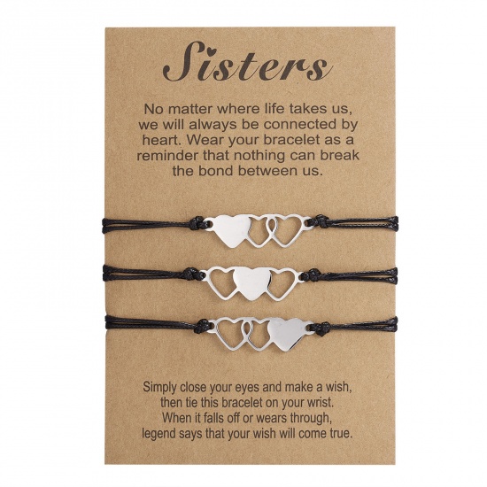 Bild von Edelstahl Muttertag Geflochtene Armbänder Silberfarbe Herz Hohl 16cm lang, 1 Set ( 3 Stück/Set)