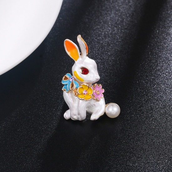 Picture of Easter Day Pin Brooches Flower Rabbit Gold Plated Multicolor Enamel 3.8cm x 2.2cm, 1 Piece