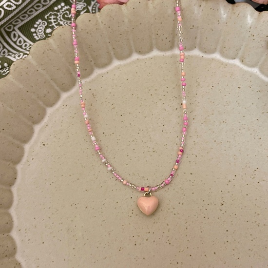 Bild von Acryl Böhmischer Stil Perlenkette Rosa Herz Emaille 40cm lang, 1 Strang