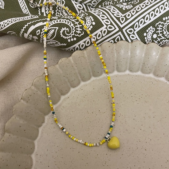 Bild von Acryl Böhmischer Stil Perlenkette Gelb Herz Emaille 40cm lang, 1 Strang