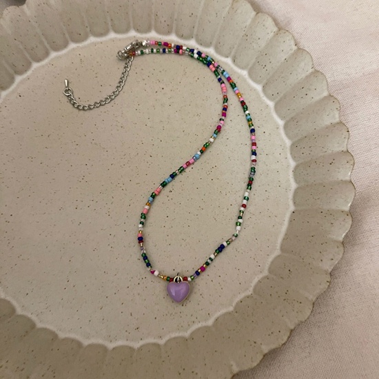 Immagine di Acrilato Stile Bohemien Collana di Perline Colore Viola Cuore Smalto 40cm Lunghezza, 1 Pz