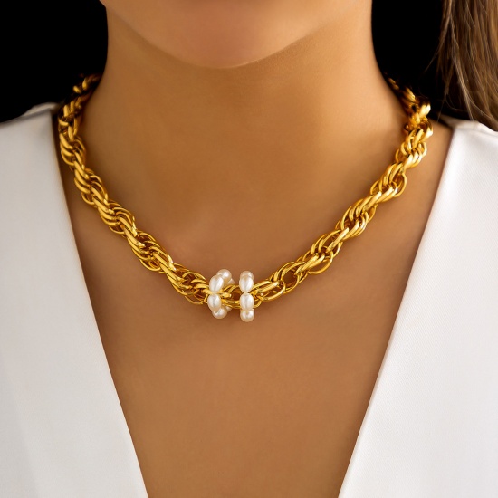 Immagine di Alluminio Semplice Strozzatore Collana Oro Placcato Catena a Maglie Imitata Perla lunghezza: 40cm, 1 Pz