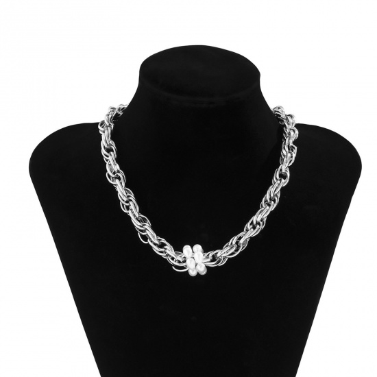 Immagine di Alluminio Semplice Strozzatore Collana Tono Argento Catena a Maglie Imitata Perla lunghezza: 40cm, 1 Pz