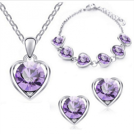 Immagine di Elegante Serie di Gioielli Tono Argento Viola Chiaro Cuore 40cm Lunghezza, 1.1cm x 0.9cm, 1 Serie