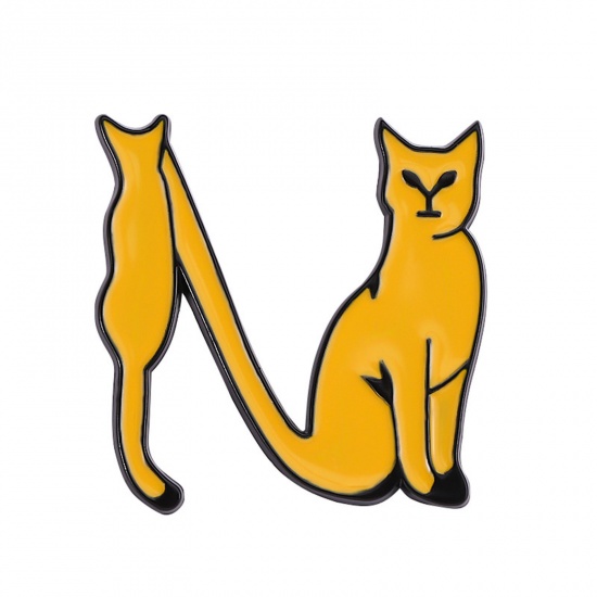 Immagine di Carino Spilla Gatto Lettere " N " Arancione Smalto 3cm x 3cm, 1 Pz