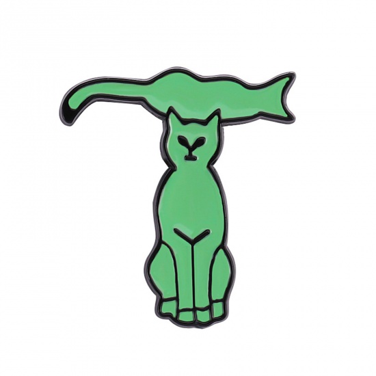 Immagine di Carino Spilla Gatto Lettere " T " Verde Smalto 3cm x 2cm, 1 Pz