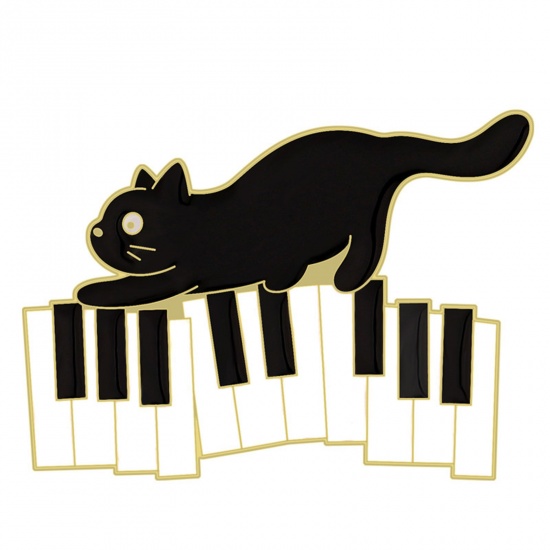 Bild von Niedlich Brosche Katze Klavier Schwarz & Weiß Emaille 3cm x 2.1cm, 1 Stück