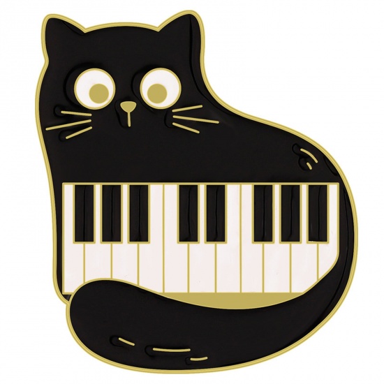 Bild von Niedlich Brosche Katze Klavier Schwarz & Weiß Emaille 3cm x 2.6cm, 1 Stück