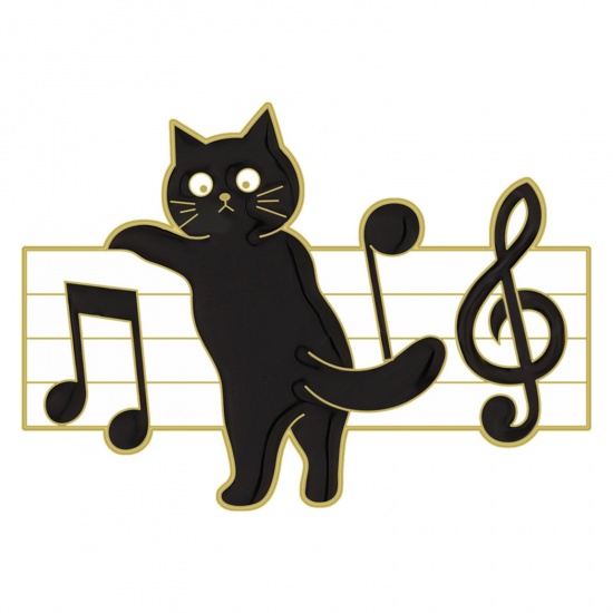 Bild von Niedlich Brosche Katze Note Schwarz & Weiß Emaille 3cm x 2.2cm, 1 Stück