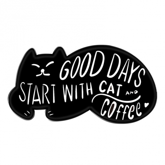 Picture of Cute Pin Brooches Cat Animal Black & White Enamel 3.1cm x 1.6cm, 1 Piece