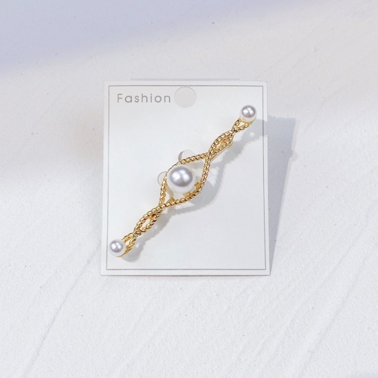 Bild von Exquisit Brosche Geflochten Vergoldet Imitat Perle 7cm x 1.4cm, 1 Stück