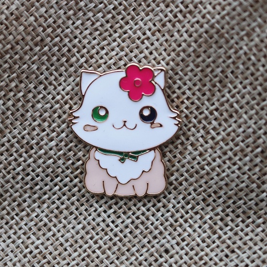 Immagine di Carino Spilla Gatto Oro Placcato Bianco & Rosa Smalto 2cm, 1 Pz