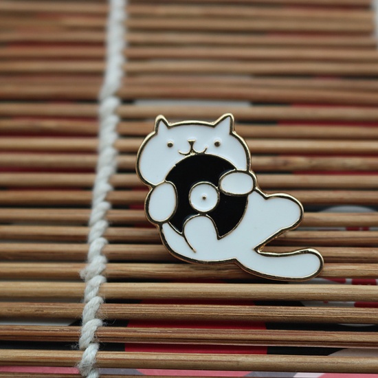 Bild von Stilvoll Brosche Schallplatten Katze Schwarz & Weiß Emaille 2.5cm x 2.1cm, 1 Stück
