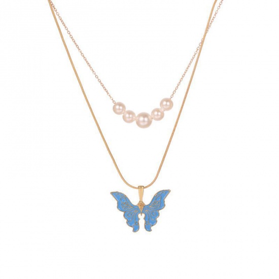 Bild von Mehrschichtige Insekten-Halskette, vergoldet, himmelblau, Schmetterling, Tierimitationsperle, 44 cm – 50 cm lang, 1 Stück