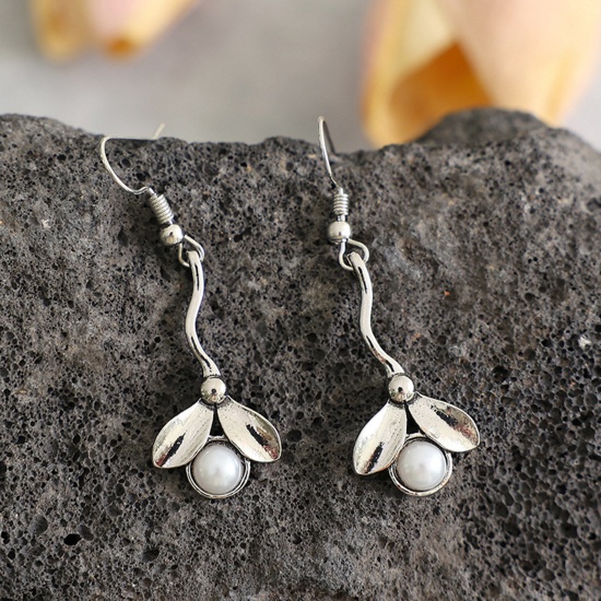 Picture of Retro Earrings Antique Silver Color Flower Imitation Pearl 6cm, 1 Pair