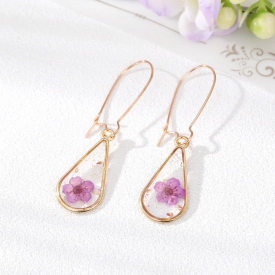 Bild von Handgemachte Harz Schmuck Echte Blume Ohrring Vergoldet Lila Tropfen Blumen 5.6cm x 1.4cm, 1 Paar