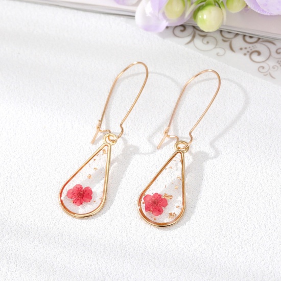 Bild von Handgemachte Harz Schmuck Echte Blume Ohrring Vergoldet Rot Tropfen Blumen 5.6cm x 1.4cm, 1 Paar