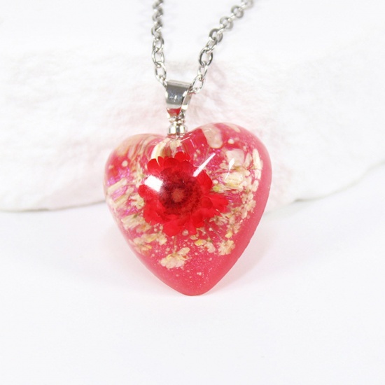Bild von Edelstahl Handgemachte Harz Schmuck Echte Blume Anhänger Halskette Silberfarbe Rot Herz Blumen 45cm lang, 1 Strang