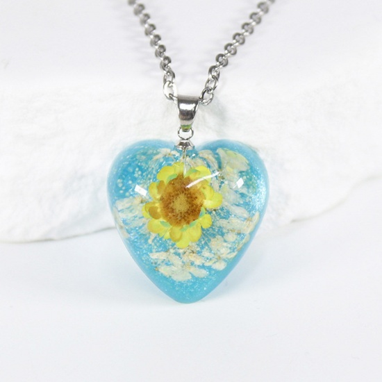 Bild von Edelstahl Handgemachte Harz Schmuck Echte Blume Anhänger Halskette Silberfarbe Hellblau Herz Blumen 45cm lang, 1 Strang