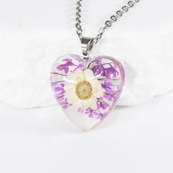 Bild von Edelstahl Handgemachte Harz Schmuck Echte Blume Anhänger Halskette Silberfarbe Transparent Herz Blumen 45cm lang, 1 Strang