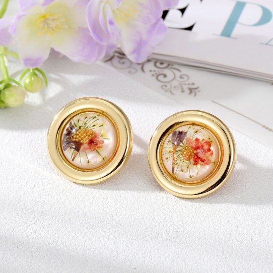 Bild von Handgemachte Harz Schmuck Echte Blume Ohrring Ohrstecker Vergoldet Rund 2.5cm x 2.5cm, 1 Paar
