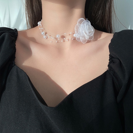 Bild von Gaze Hochzeit Choker Halskette Weiß Blumen 33cm lang, 1 Strang