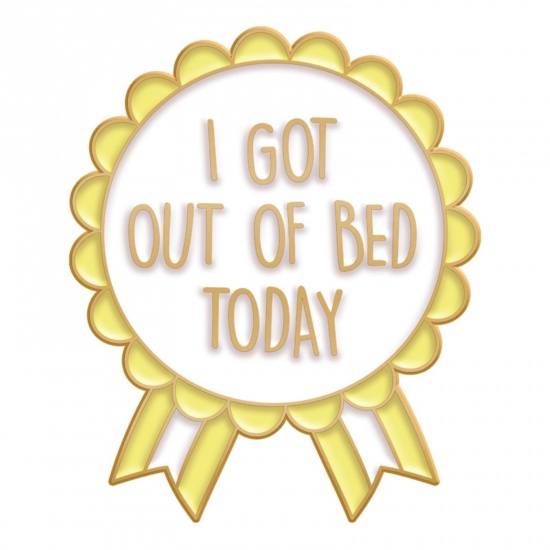 Bild von Einfach Brosche Plakette Message " I Got Out Of Bed Today " Weiß & Gelb Emaille 3cm x 2.5cm, 1 Stück
