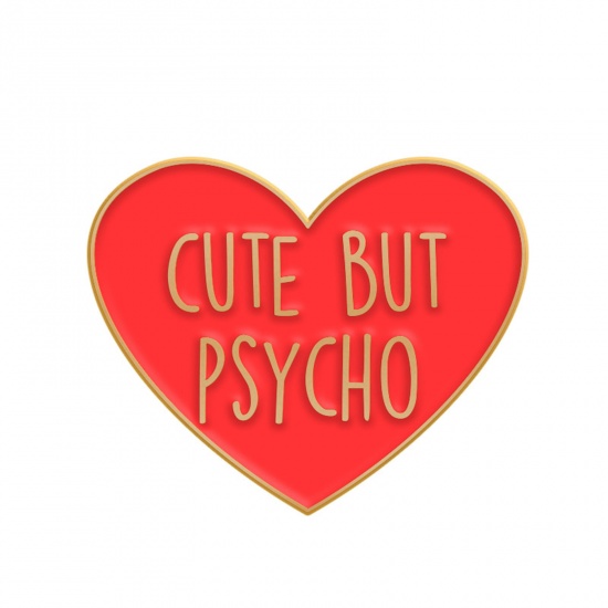 Bild von Einfach Brosche Herz Message " Cute But Psycho " Rot Emaille 3cm x 2.5cm, 1 Stück