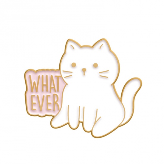 Bild von Einfach Brosche Katze Message " Whatever " Weiß Emaille 3cm x 2.5cm, 1 Stück